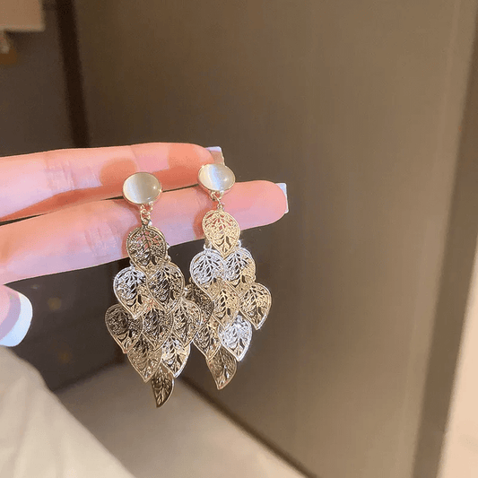 Gold Opal Leaf Tassel Earrings – Front View