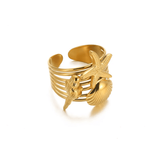 18K gold plated starfish ring featuring shell and bird designs on a stylish open band.