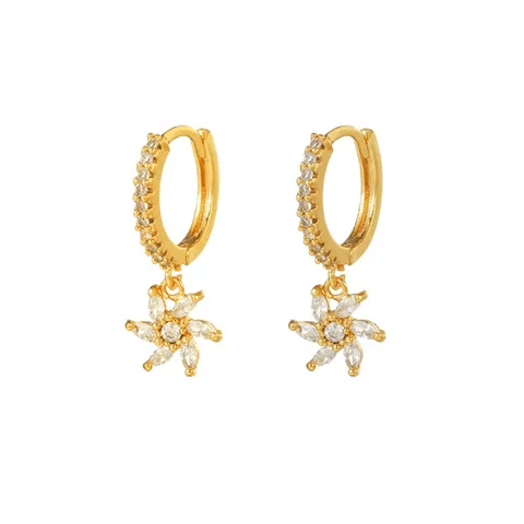 Snowflake Spiral Earrings – S925 Silver Diamond Design, elegant gold earrings with floral charm and sparkling details.