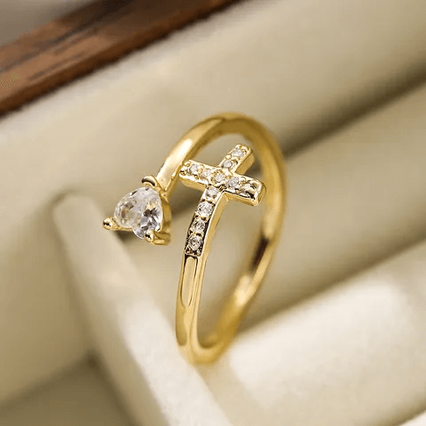 Cross Zircon Open Ring for Women – 18K Gold Plated with sparkling zircon and elegant design.