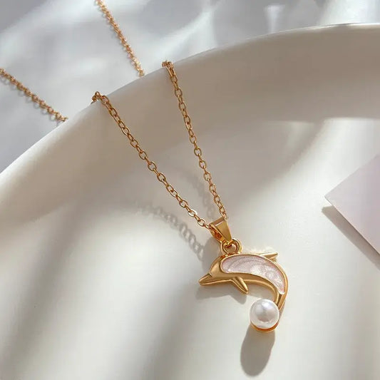 Women's dolphin pendant necklace gold alloy with pearl inlay