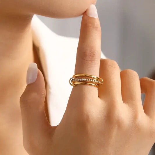 Close-up of round stainless steel rings showing gold plating detail