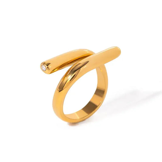 Close-up of IG-style gold plated open ring with irregular design