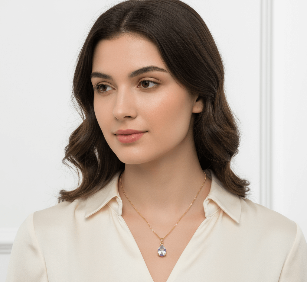 Vintage water drop pendant necklace worn by a woman, showcasing elegant jewelry style.