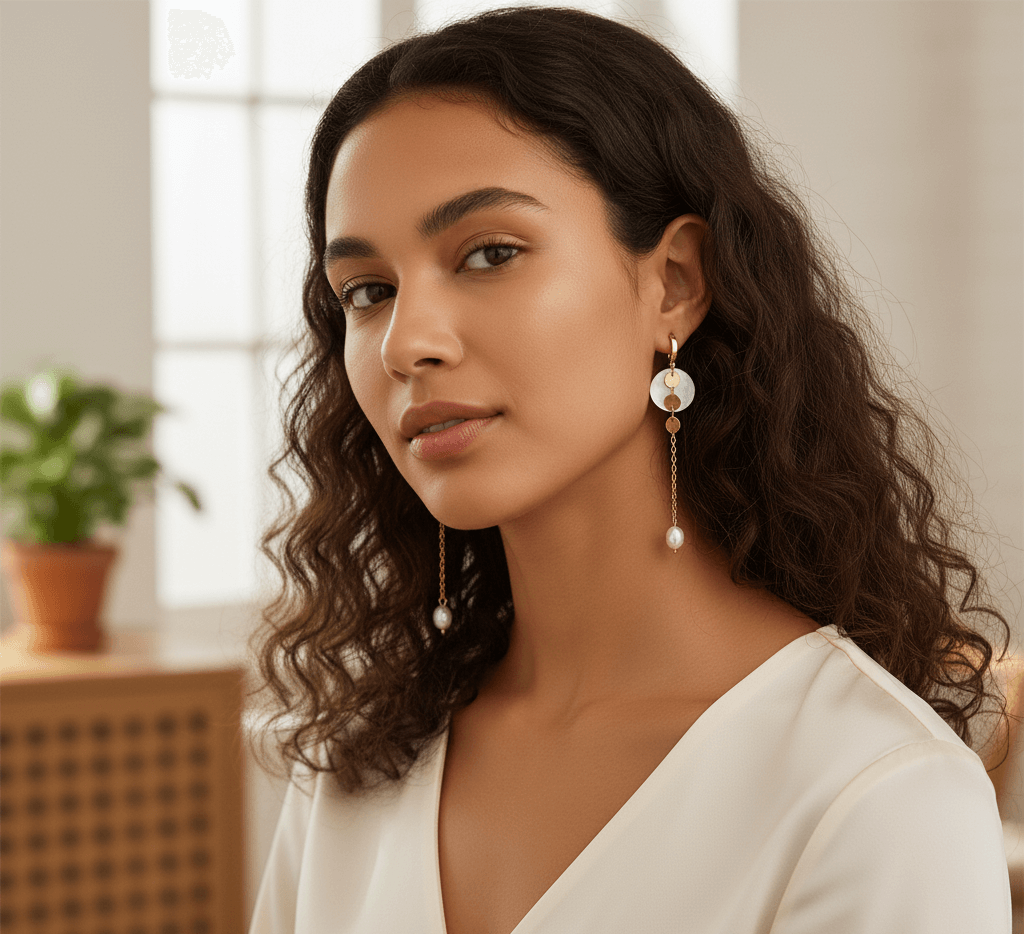 Shell tassel earrings worn by a model, showcasing vintage charm and elegance in a stylish boho design.