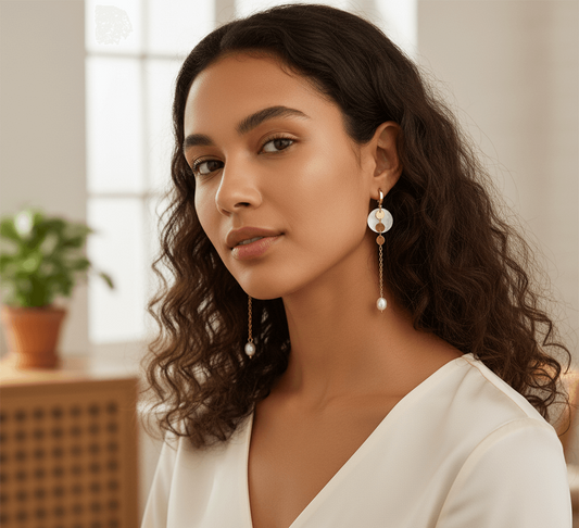 Shell tassel earrings worn by a model, showcasing vintage charm and elegance in a stylish boho design.