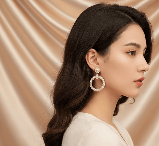 Flower butterfly bow earrings highlighted on a model, showcasing the intricate design with pearls and rhinestones.