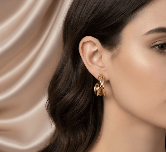 Twisted stud earrings displayed on a model, showcasing their elegant minimalist design and modern twist.