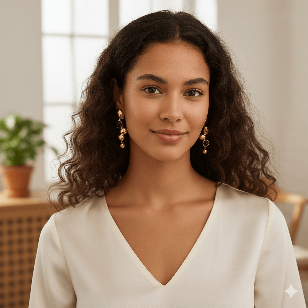 Model wearing geometric streetwear earrings with bold shapes for a trendy everyday statement.