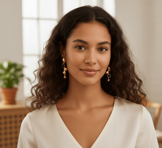 Model wearing geometric streetwear earrings with bold shapes for a trendy everyday statement.