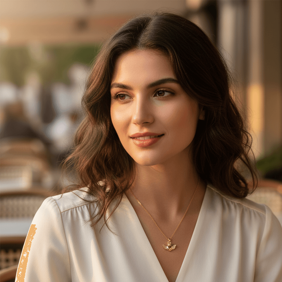 Heart Pendant Necklace – 18K Gold Plated for Women worn by a woman with long hair, styled elegantly in a cafe.