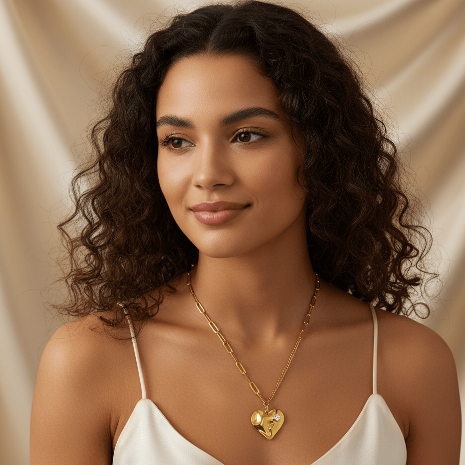 Heart-Shaped Pendant Necklace – Gold Plated Titanium Steel worn by a model showcasing its elegance and design.