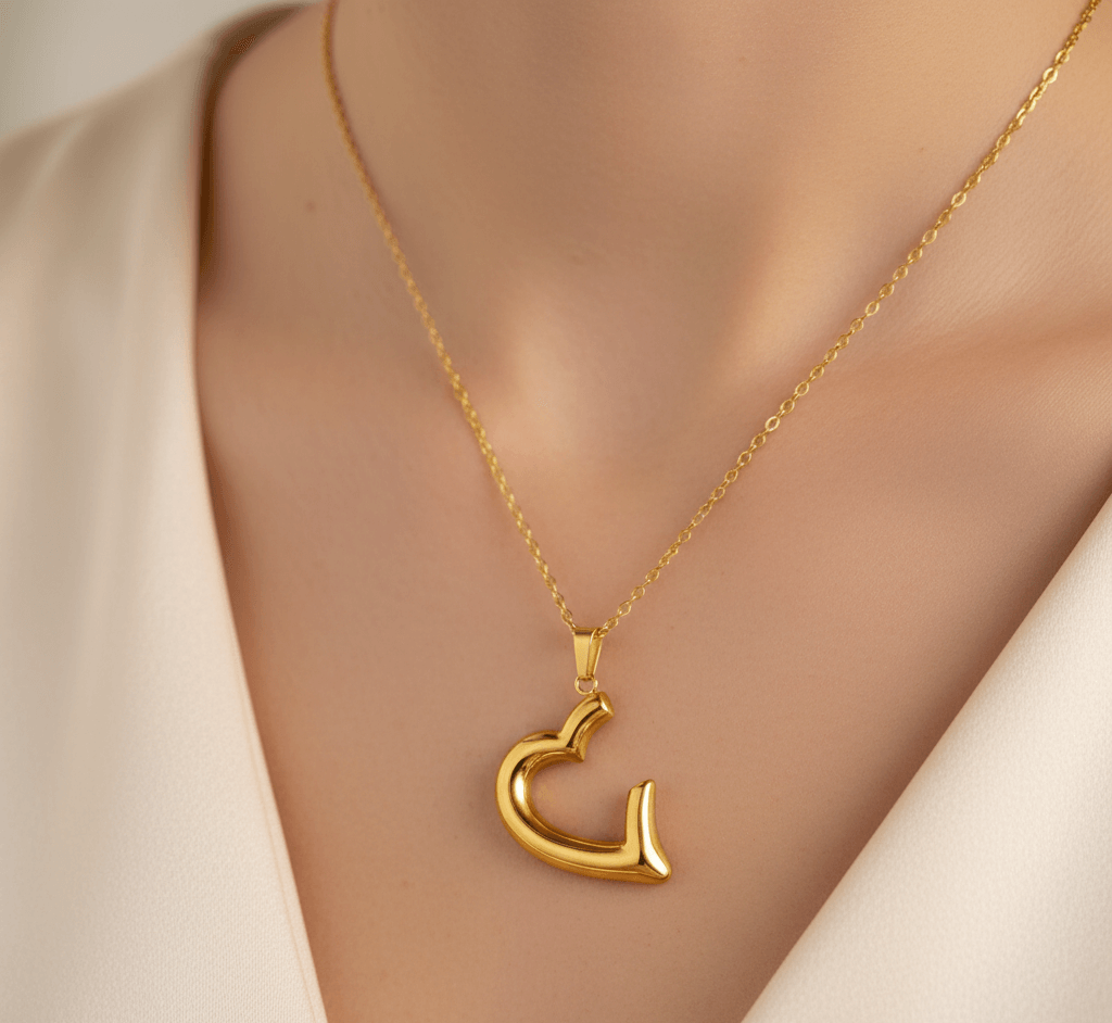 Elegant Gold-Plated Heart Pendant Necklace – Worn on Neck