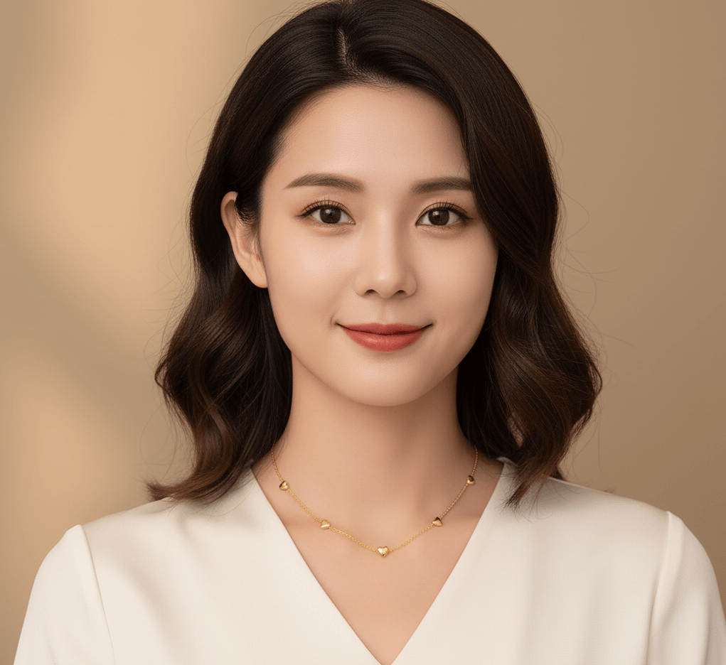 Model wearing an 18K gold-plated heart pendant necklace, showcasing its elegance and charm.