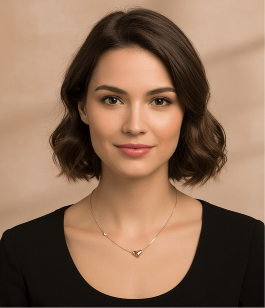 Heart shape gemstone necklace worn by woman with short hair, showcasing elegance and charm in gold alloy.