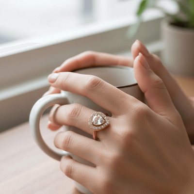 18K Gold Open Ring – Heart, Square & Water Droplet Design worn while holding a coffee mug on a wooden table.