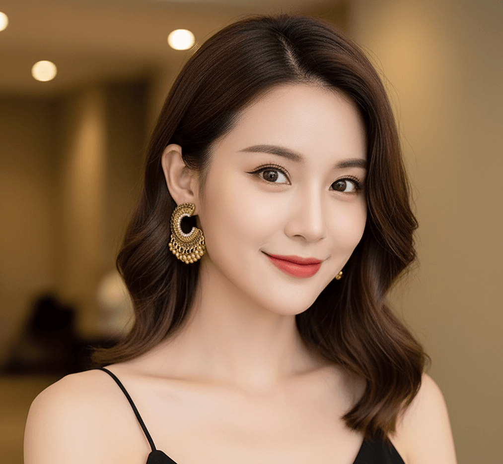 Woman wearing retro ethnic tassel earrings, showcasing stylish boho statement jewelry.