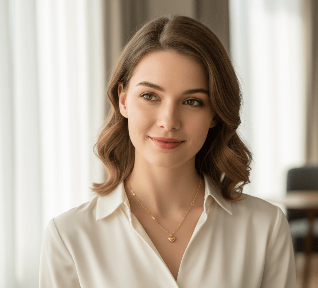 Luxury Gold-plated heart pendant necklace worn by a woman in a white blouse, showcasing elegant jewelry style.