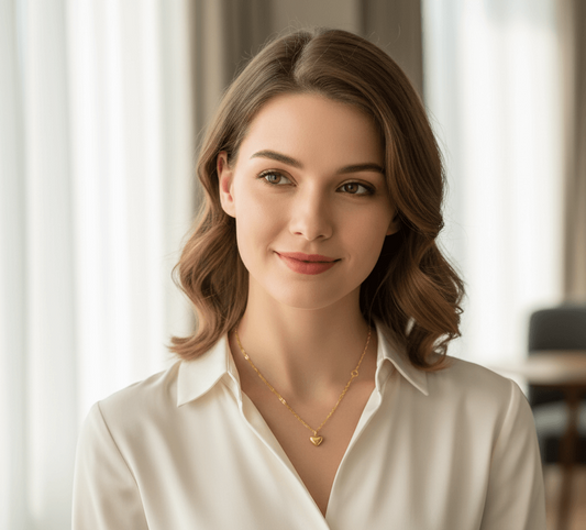 Luxury Gold-plated heart pendant necklace worn by a woman in a white blouse, showcasing elegant jewelry style.