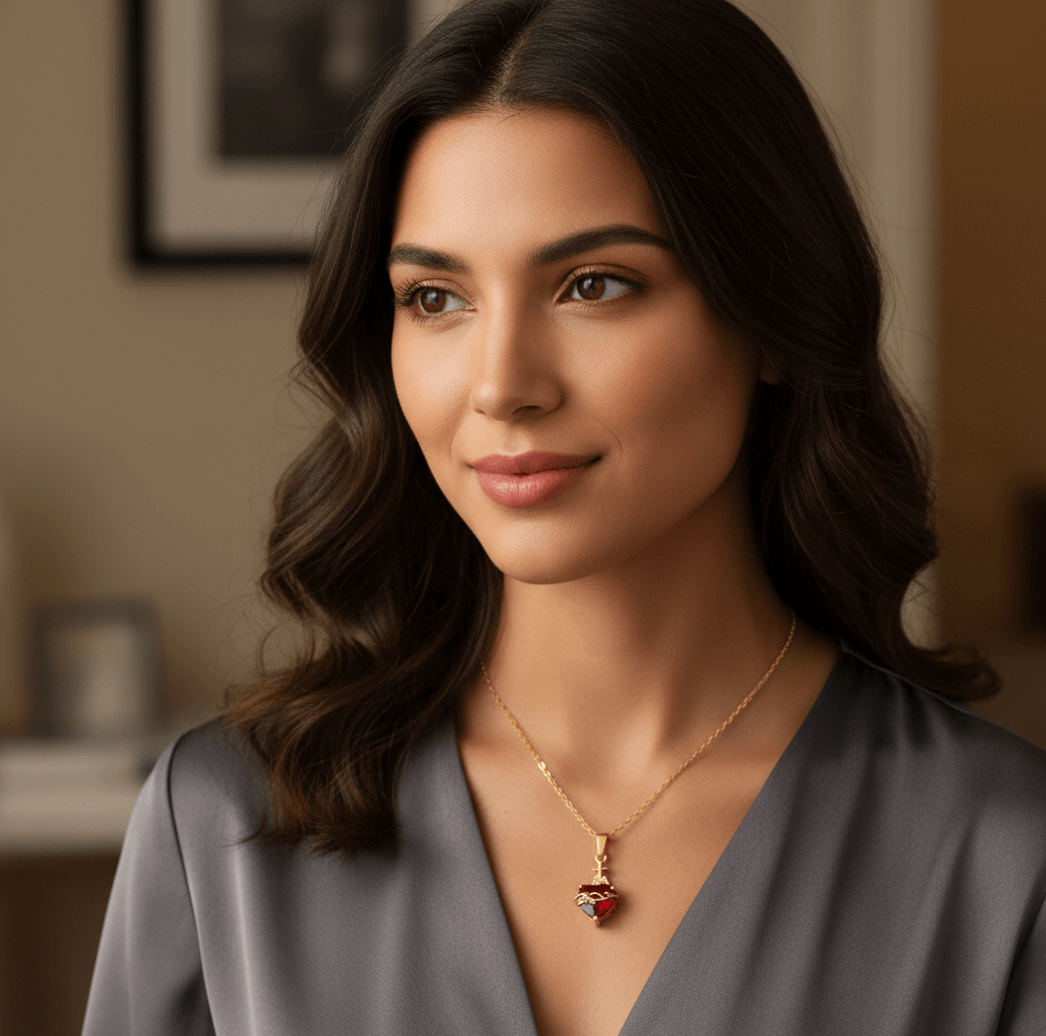 Gold plated heart pendant necklace worn by a woman in a stylish outfit, showcasing elegance and charm.