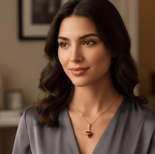 Gold plated heart pendant necklace worn by a woman in a stylish outfit, showcasing elegance and charm.