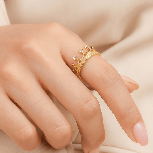 Geometric gold PVD ring close-up