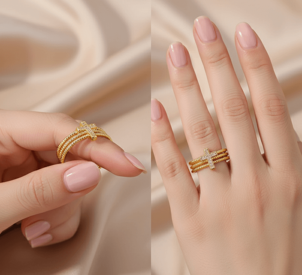 Elegant 18K Gold-Plated Cross Open Ring on hand