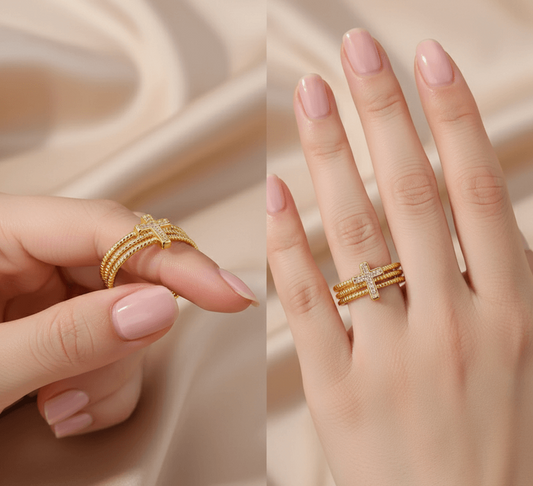 Elegant 18K Gold-Plated Cross Open Ring on hand