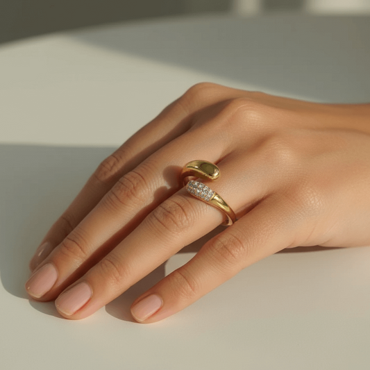 Heart-Shaped Open Ring – Streetwear Titanium Steel Zircon displayed on a woman's hand with a golden finish and zircon inlay.