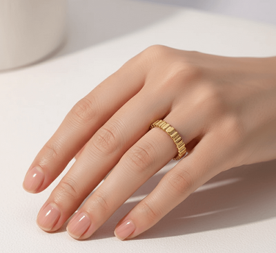 18K gold plated geometric open ring worn on a hand showcasing modern minimalistic jewelry design.