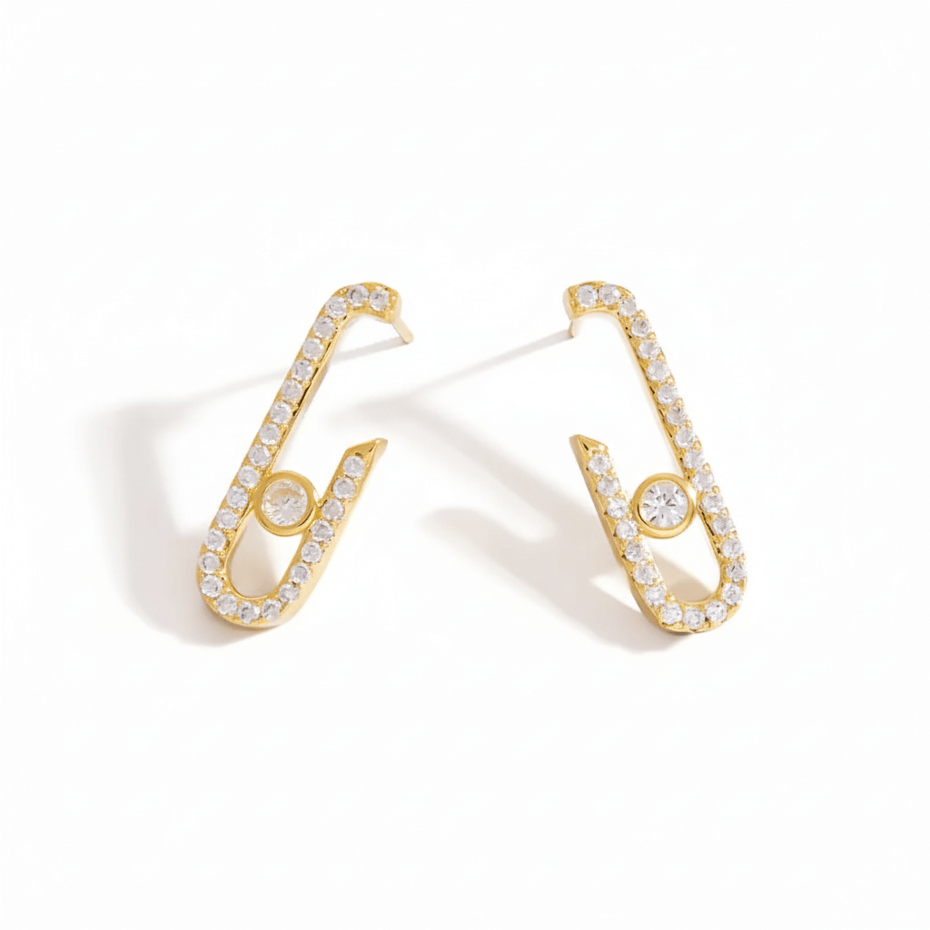 Geometric hairpin stud earrings in 18K gold with white stones, featuring a unique paper clip design.