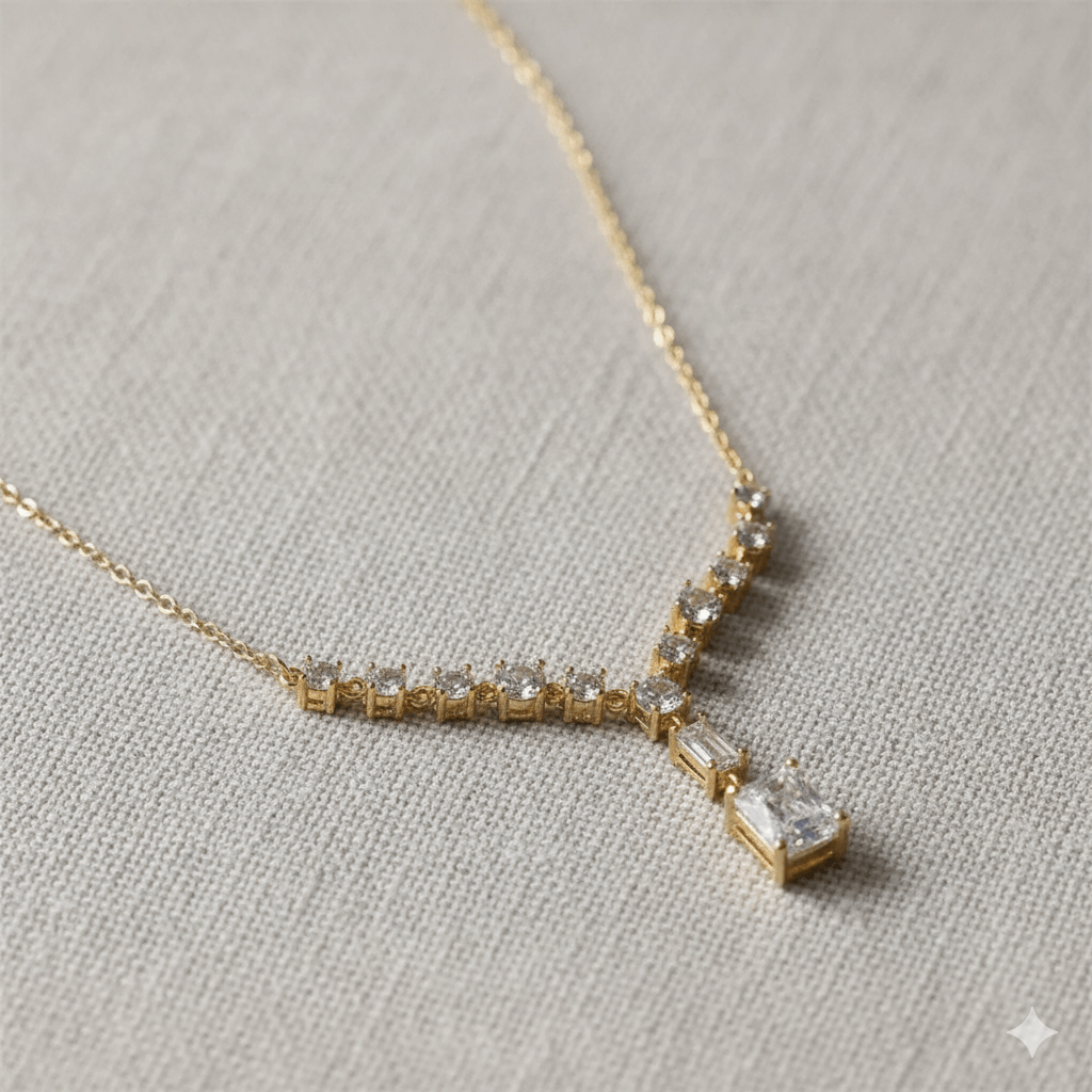 IG Style Necklace – Geometric Zircon Inlay, 18K Gold Plated displayed on a neutral background.