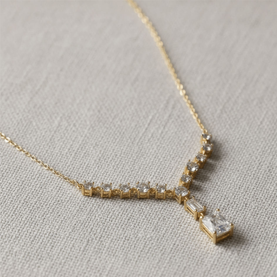 IG Style Necklace – Geometric Zircon Inlay, 18K Gold Plated displayed on a neutral background.