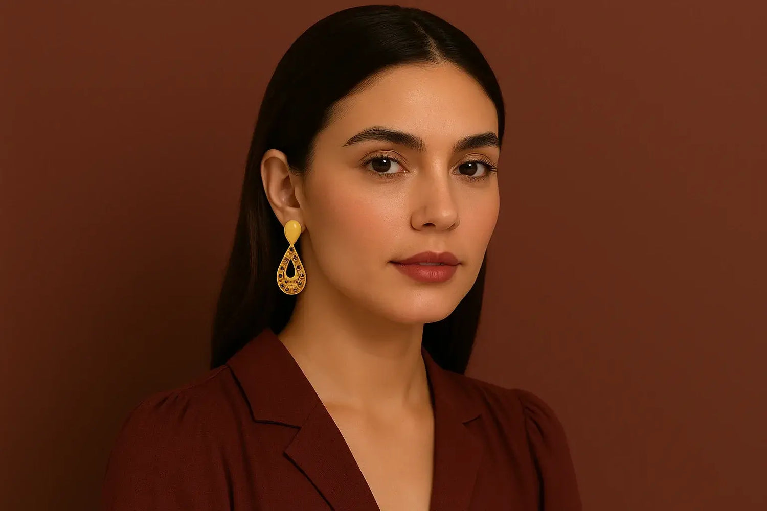 Gold plated earrings worn by a model, showcasing elegant design and luxurious appearance.