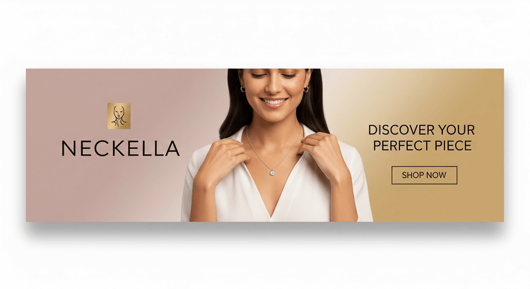 Woman showcasing jewelry with text: Discover Your Perfect Piece - NECKELLA collection, shop now.