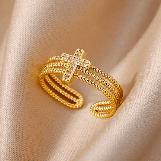 Elegant 18K Gold-Plated Cross Open Ring front view