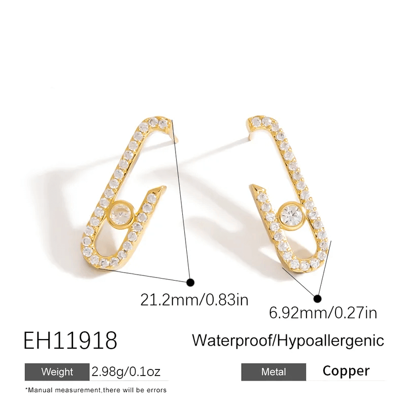 Geometric hairpin stud earrings featuring 18K gold plating and sparkling white stones design.