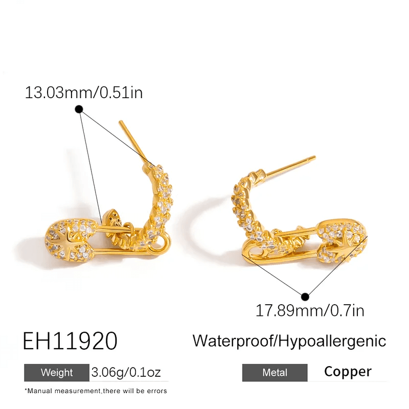 Geometric hairpin stud earrings in gold with diamond design, showcasing elegant and minimalist style.