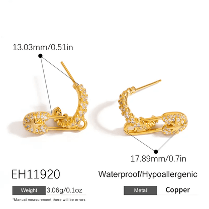 Geometric hairpin stud earrings in gold with diamond design, showcasing elegant and minimalist style.