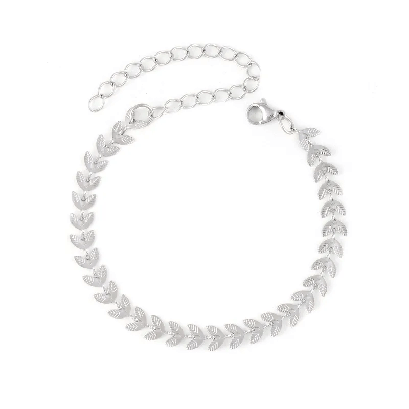 18K gold plated leaf bracelet showcasing a delicate leaf design in stainless steel for women.