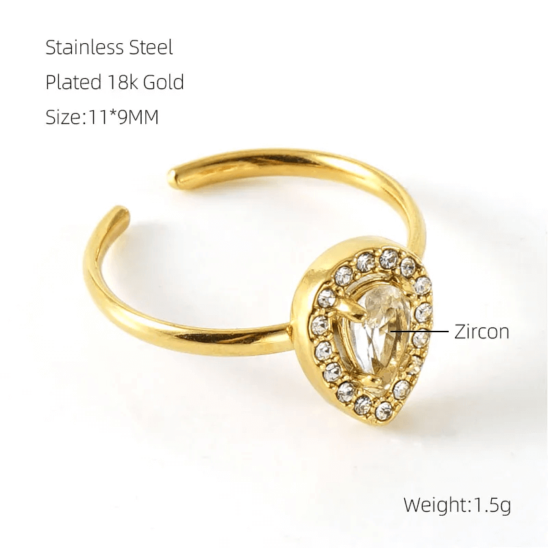 18K Gold Open Ring – Heart, Square & Water Droplet Design showcasing a zircon inlay detail.