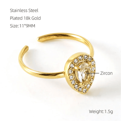 18K Gold Open Ring – Heart, Square & Water Droplet Design showcasing a zircon inlay detail.