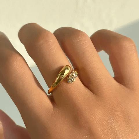 Heart-Shaped Open Ring – Streetwear Titanium Steel Zircon worn on a stylish hand featuring a gold and zircon design.