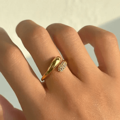 Heart-Shaped Open Ring – Streetwear Titanium Steel Zircon worn on a stylish hand featuring a gold and zircon design.