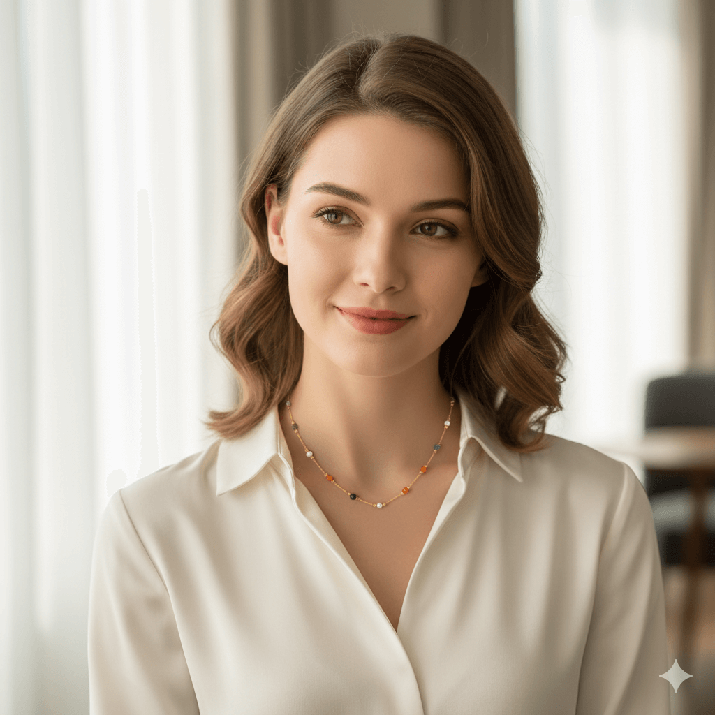 Elegant gold-plated pendant necklace worn by a woman in a white shirt, showcasing chic everyday jewelry style.
