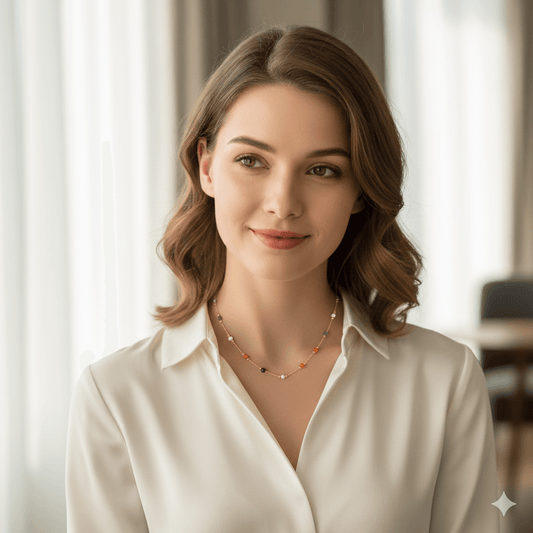 Elegant gold-plated pendant necklace worn by a woman in a white shirt, showcasing chic everyday jewelry style.