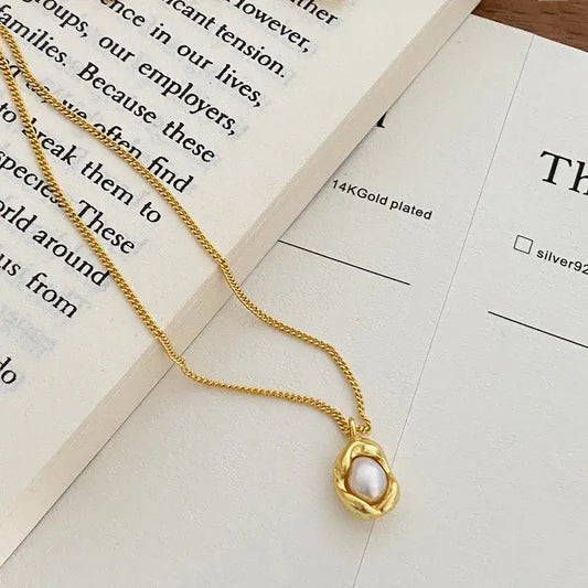 Water droplet pearl pendant necklace with 18K gold plated titanium steel chain