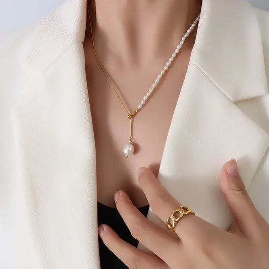 Close-up of geometric titanium steel necklace details
