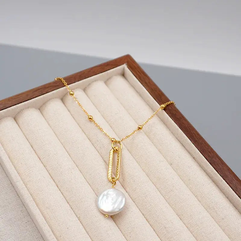 Baroque freshwater pearl necklace worn by model for special occasions