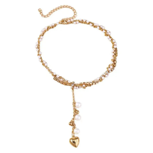 Bohemian heart necklace with pearls and rhinestones